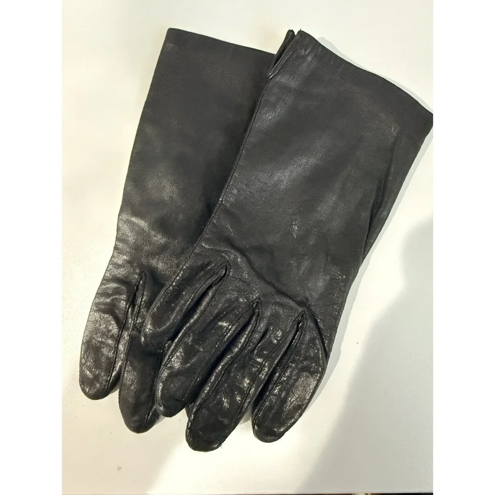 FOWNES Long Vtg Black‎ Leather Soft Gloves Womens Sz 7.5  G